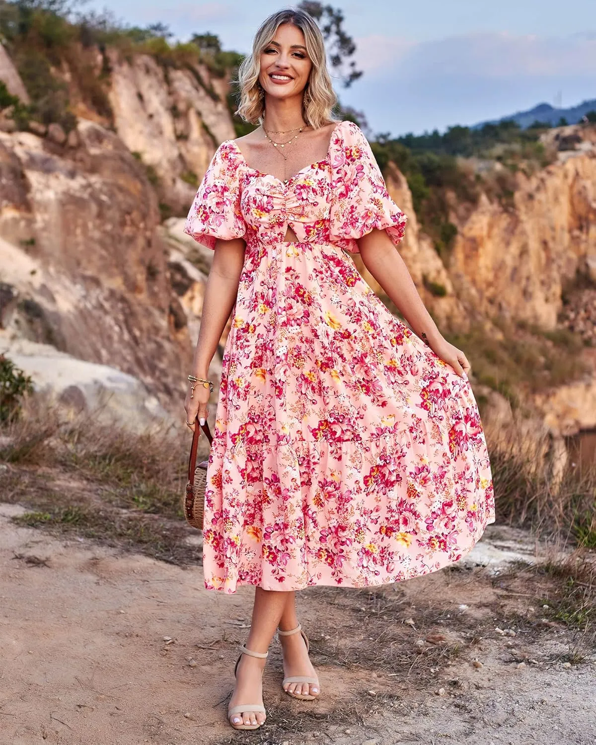 BTFBM Women Summer Dresses 2025 Casual Flowy Beach Square Neck Puff Short Sleeve Smocked Back Boho Floral Long Maxi Dress