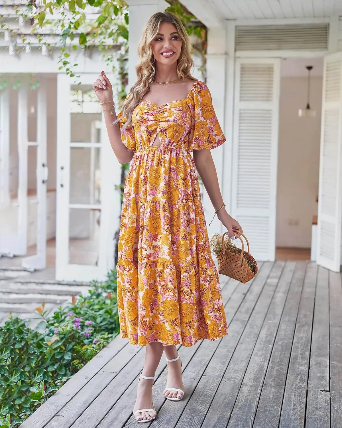 BTFBM Women Summer Dresses 2025 Casual Flowy Beach Square Neck Puff Short Sleeve Smocked Back Boho Floral Long Maxi Dress