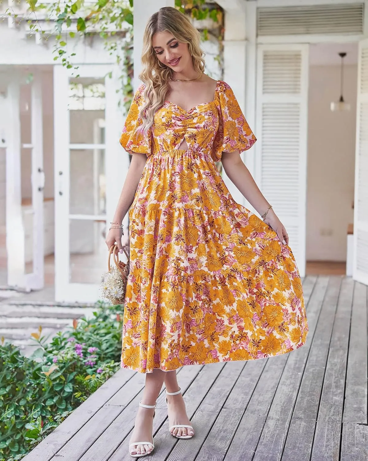 BTFBM Women Summer Dresses 2025 Casual Flowy Beach Square Neck Puff Short Sleeve Smocked Back Boho Floral Long Maxi Dress