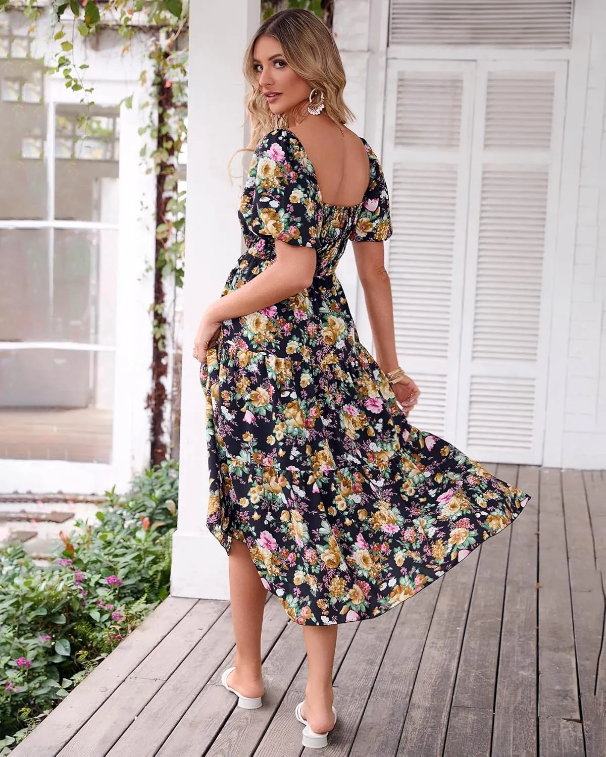 BTFBM Women Summer Dresses 2025 Casual Flowy Beach Square Neck Puff Short Sleeve Smocked Back Boho Floral Long Maxi Dress