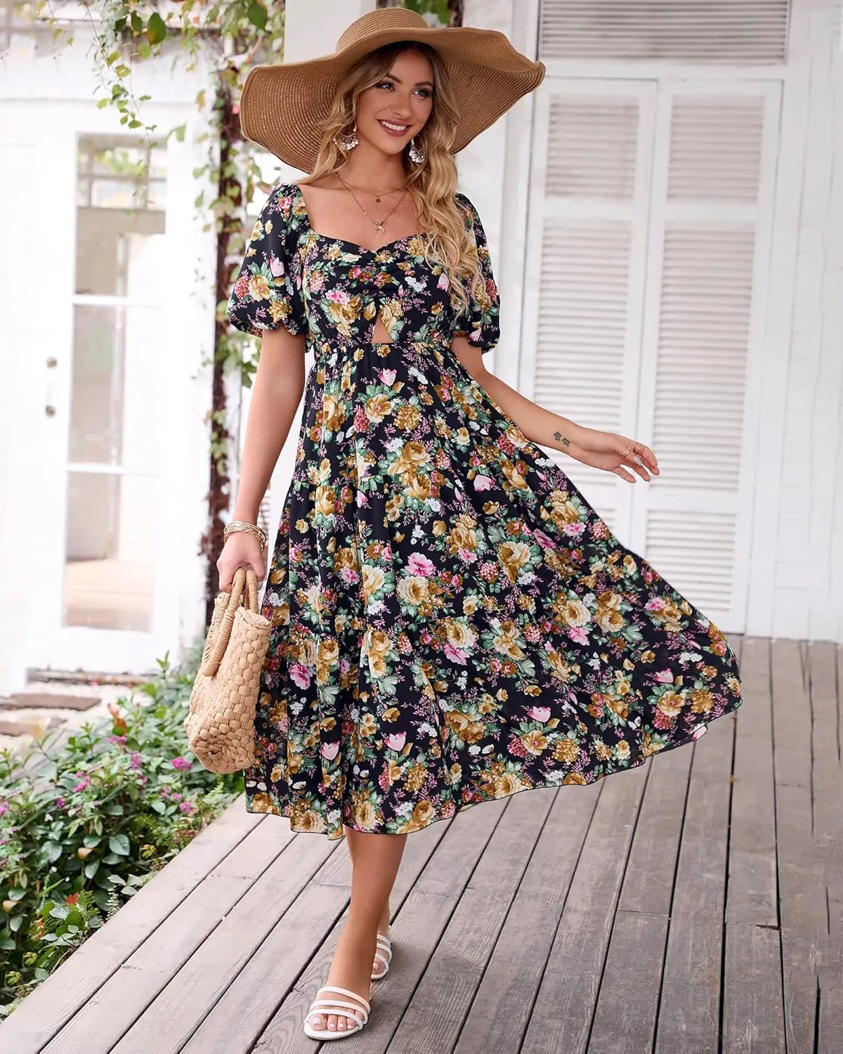 BTFBM Women Summer Dresses 2025 Casual Flowy Beach Square Neck Puff Short Sleeve Smocked Back Boho Floral Long Maxi Dress