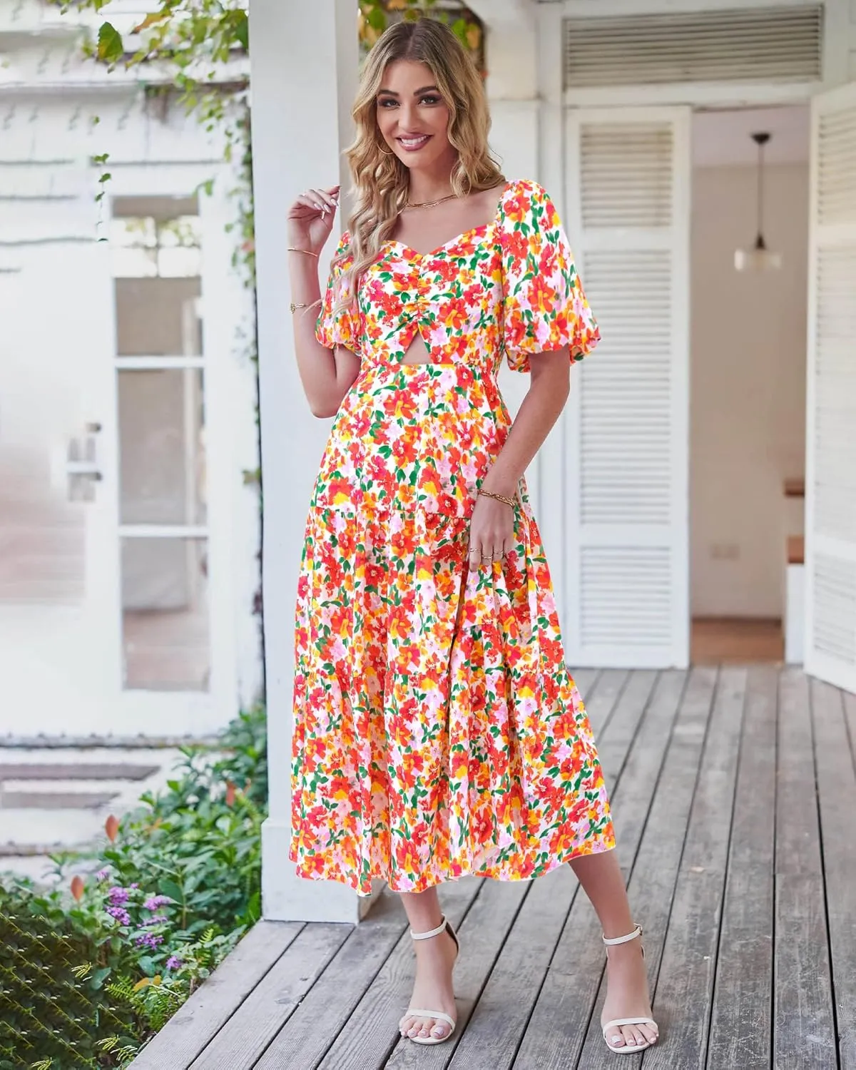BTFBM Women Summer Dresses 2025 Casual Flowy Beach Square Neck Puff Short Sleeve Smocked Back Boho Floral Long Maxi Dress