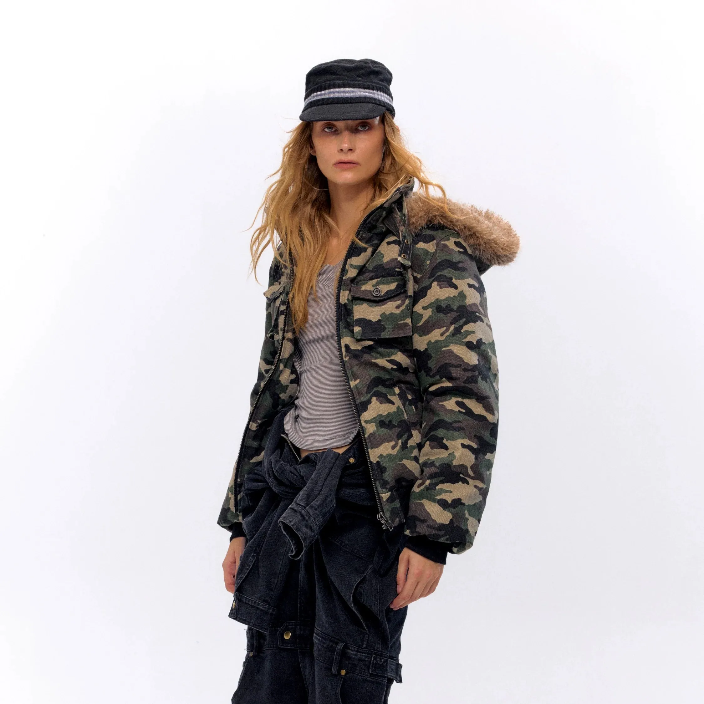 Camouflage Jacket with Faux Fur