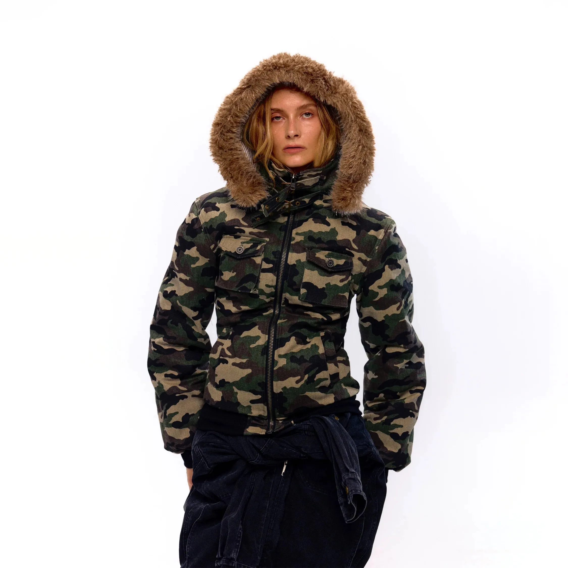 Camouflage Jacket with Faux Fur