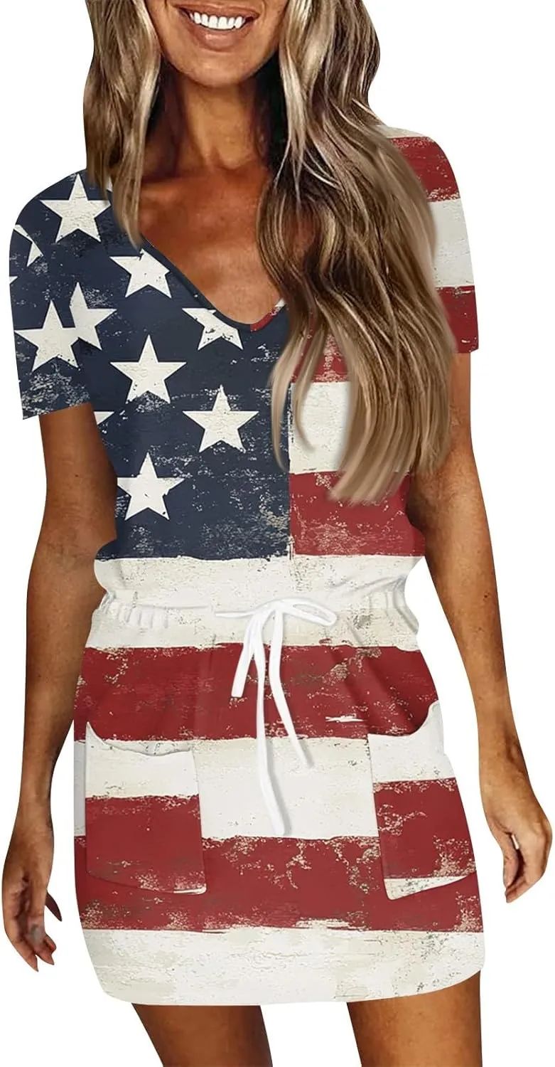 Casual Dresses for Women Summer Short Sleeve Drawstring Waist Mini Striped Dress V Neck Tshirt Dress with Pockets