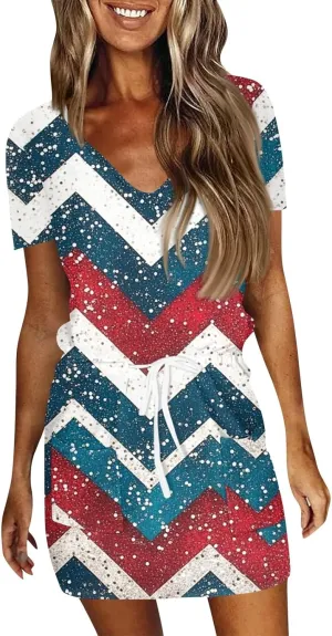 Casual Dresses for Women Summer Short Sleeve Drawstring Waist Mini Striped Dress V Neck Tshirt Dress with Pockets