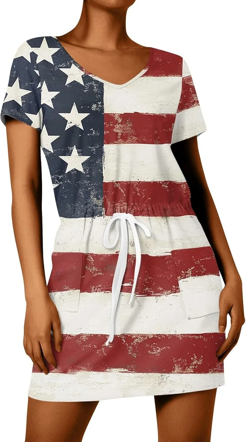 Casual Dresses for Women Summer Short Sleeve Drawstring Waist Mini Striped Dress V Neck Tshirt Dress with Pockets