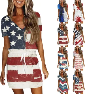 Casual Dresses for Women Summer Short Sleeve Drawstring Waist Mini Striped Dress V Neck Tshirt Dress with Pockets