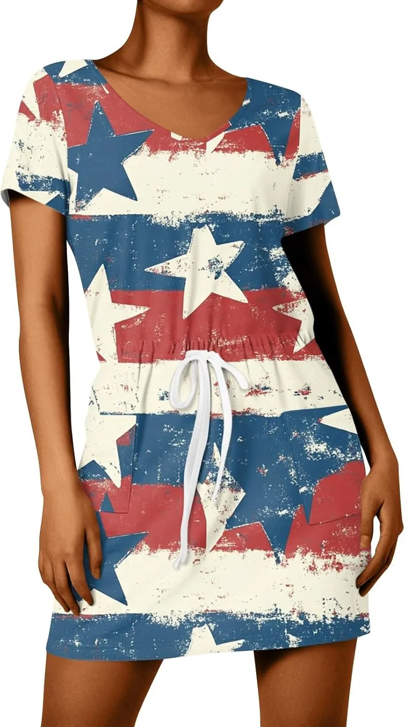 Casual Dresses for Women Summer Short Sleeve Drawstring Waist Mini Striped Dress V Neck Tshirt Dress with Pockets