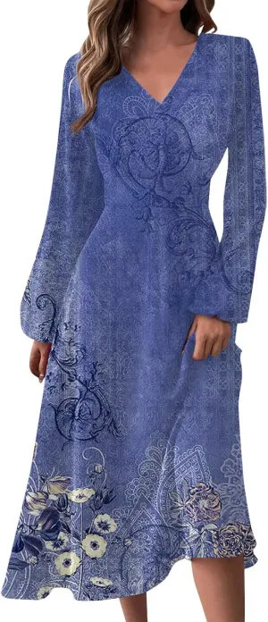 Casual Fall Wedding Guest Dresses for Women Long Sleeve Wrap V Neck Ruffle Belted A-Line Flowy Midi Dresses