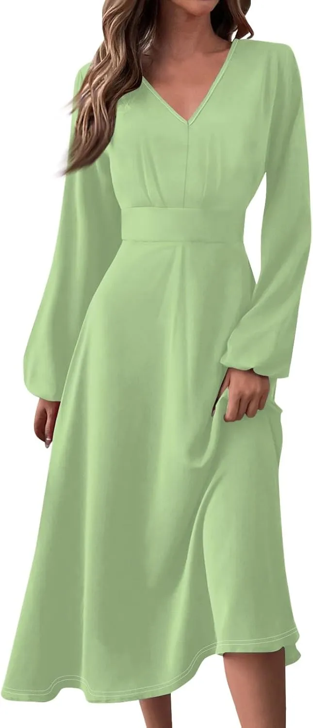 Casual Fall Wedding Guest Dresses for Women Long Sleeve Wrap V Neck Ruffle Belted A-Line Flowy Midi Dresses
