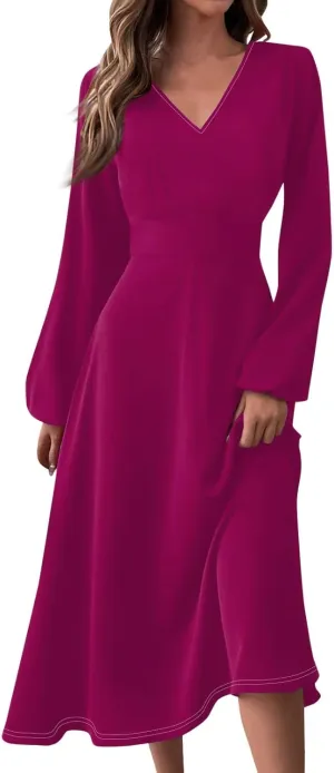 Casual Fall Wedding Guest Dresses for Women Long Sleeve Wrap V Neck Ruffle Belted A-Line Flowy Midi Dresses