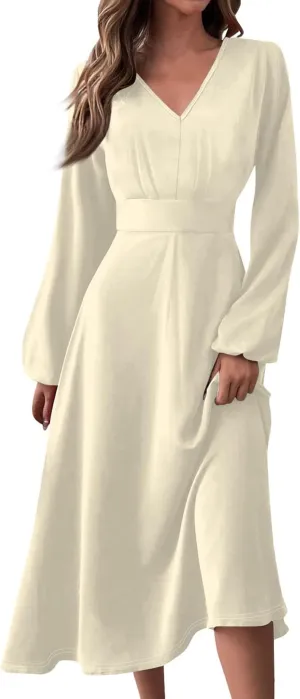 Casual Fall Wedding Guest Dresses for Women Long Sleeve Wrap V Neck Ruffle Belted A-Line Flowy Midi Dresses