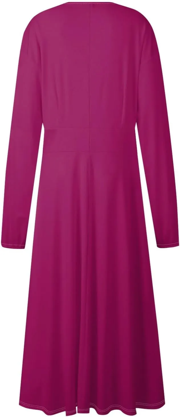 Casual Fall Wedding Guest Dresses for Women Long Sleeve Wrap V Neck Ruffle Belted A-Line Flowy Midi Dresses