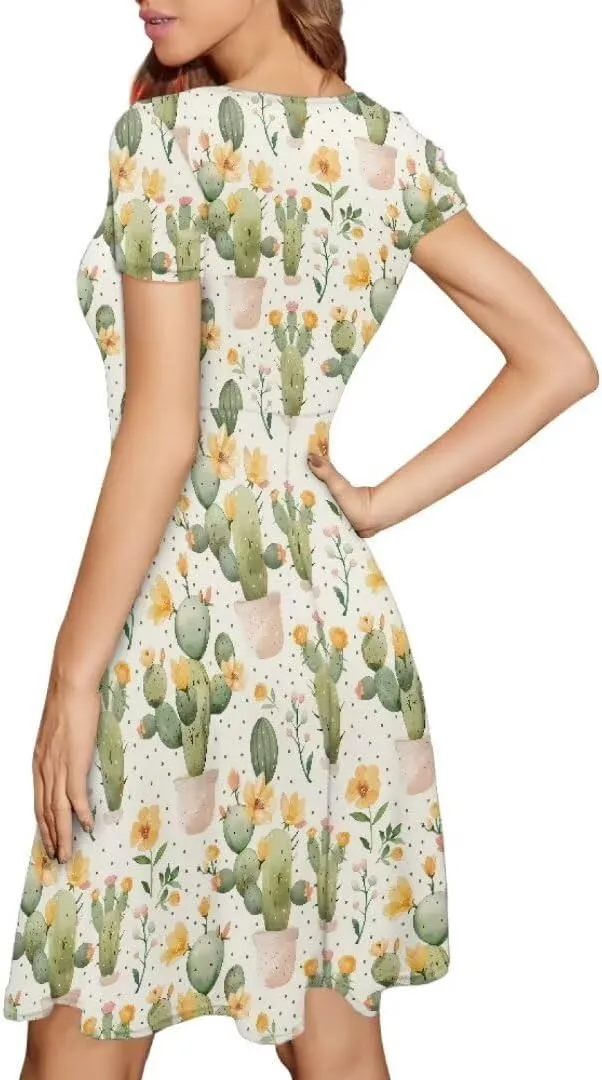 Casual Midi Dresses for Women Short Sleeve Summer Hawaiian Flowy Swing Knee Length Dress