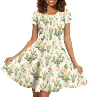 Casual Midi Dresses for Women Short Sleeve Summer Hawaiian Flowy Swing Knee Length Dress