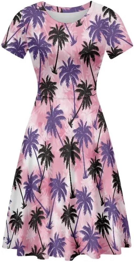 Casual Midi Dresses for Women Short Sleeve Summer Hawaiian Flowy Swing Knee Length Dress