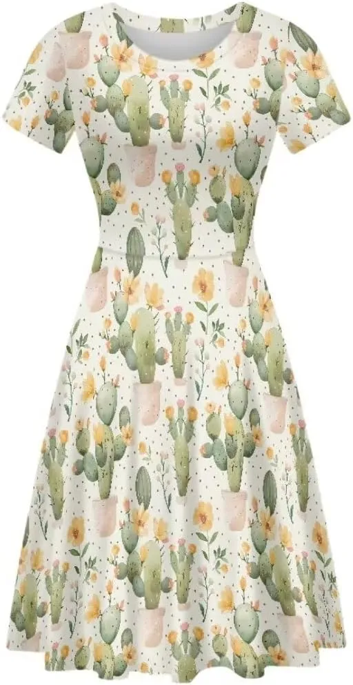 Casual Midi Dresses for Women Short Sleeve Summer Hawaiian Flowy Swing Knee Length Dress
