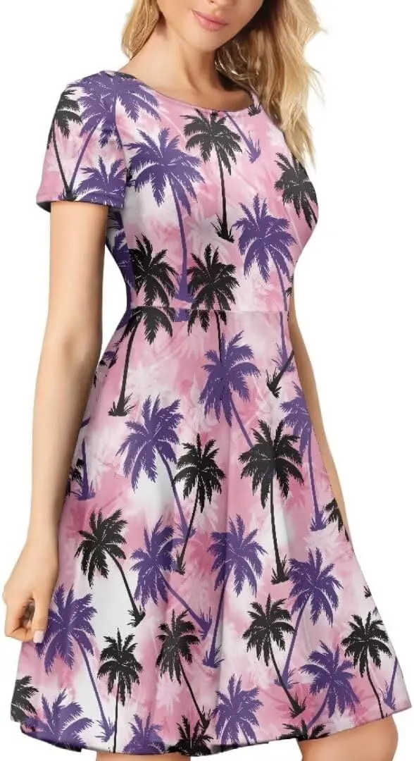 Casual Midi Dresses for Women Short Sleeve Summer Hawaiian Flowy Swing Knee Length Dress