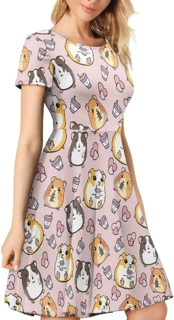 Casual Midi Dresses for Women Short Sleeve Summer Hawaiian Flowy Swing Knee Length Dress