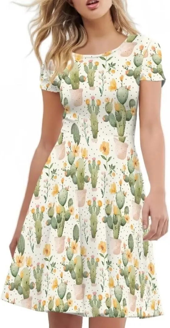 Casual Midi Dresses for Women Short Sleeve Summer Hawaiian Flowy Swing Knee Length Dress