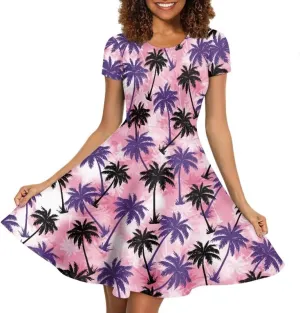 Casual Midi Dresses for Women Short Sleeve Summer Hawaiian Flowy Swing Knee Length Dress