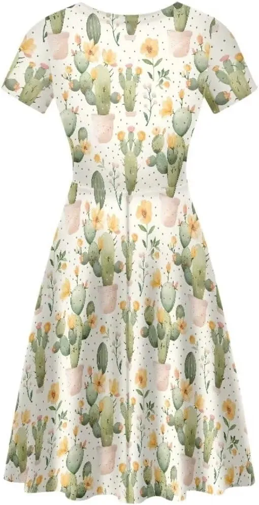 Casual Midi Dresses for Women Short Sleeve Summer Hawaiian Flowy Swing Knee Length Dress