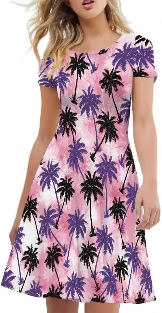 Casual Midi Dresses for Women Short Sleeve Summer Hawaiian Flowy Swing Knee Length Dress