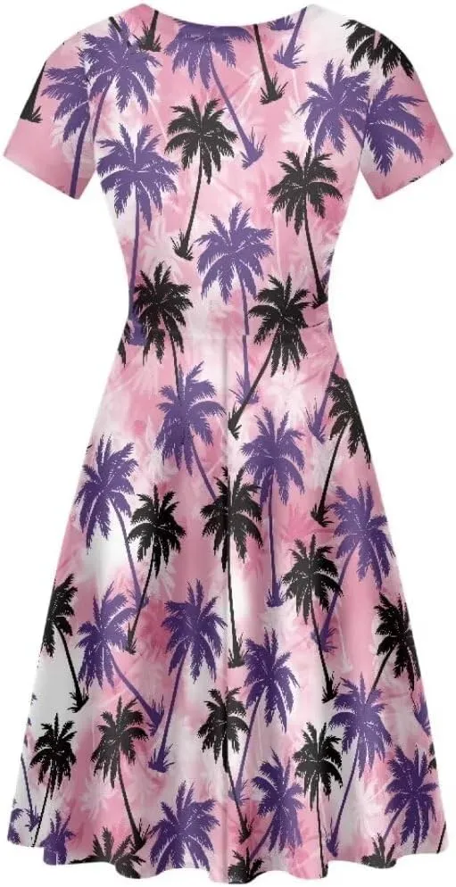 Casual Midi Dresses for Women Short Sleeve Summer Hawaiian Flowy Swing Knee Length Dress