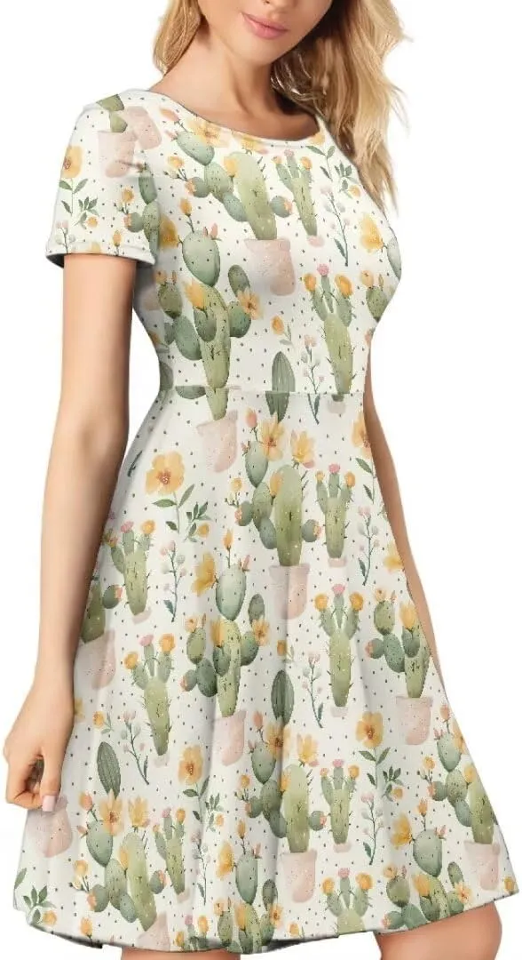 Casual Midi Dresses for Women Short Sleeve Summer Hawaiian Flowy Swing Knee Length Dress