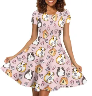Casual Midi Dresses for Women Short Sleeve Summer Hawaiian Flowy Swing Knee Length Dress