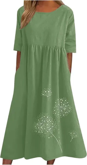 Ceboyel Women Cotton Linen Maxi Dress Dandelion Print Short Sleeve Dresses Boho Causal Summer Dress Cute Vacation Outfits