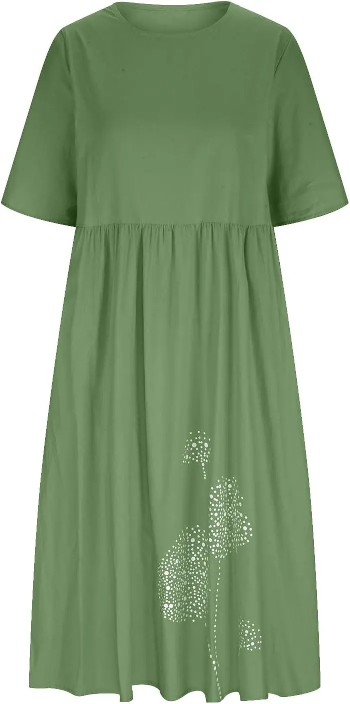 Ceboyel Women Cotton Linen Maxi Dress Dandelion Print Short Sleeve Dresses Boho Causal Summer Dress Cute Vacation Outfits