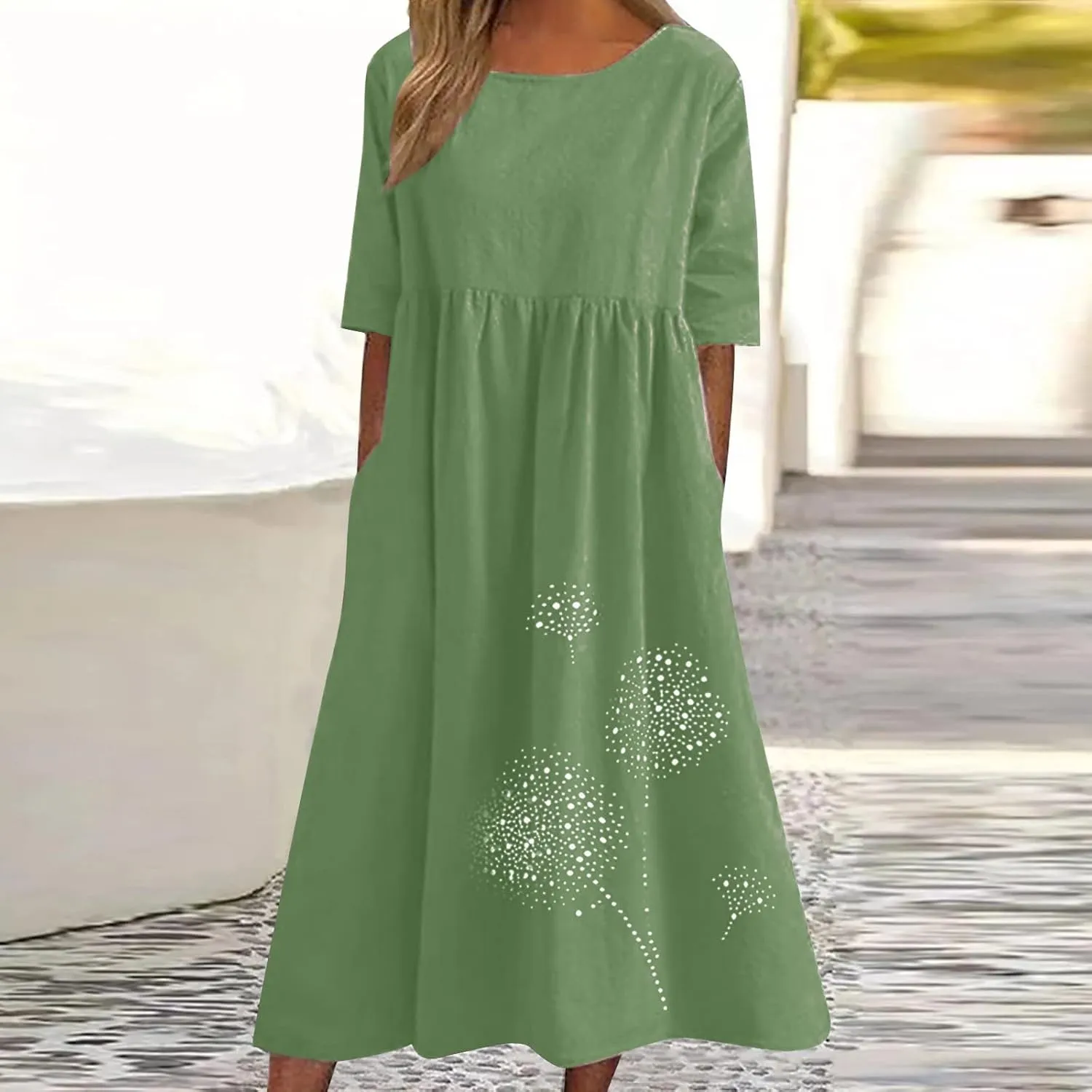 Ceboyel Women Cotton Linen Maxi Dress Dandelion Print Short Sleeve Dresses Boho Causal Summer Dress Cute Vacation Outfits