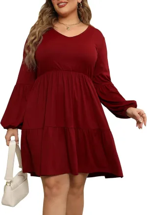 Celkuser Plus Size Casual Tunic Dress for Curvy Women, Long Sleeve V-Neck Babydoll, Knee-Length Tiered Dresses