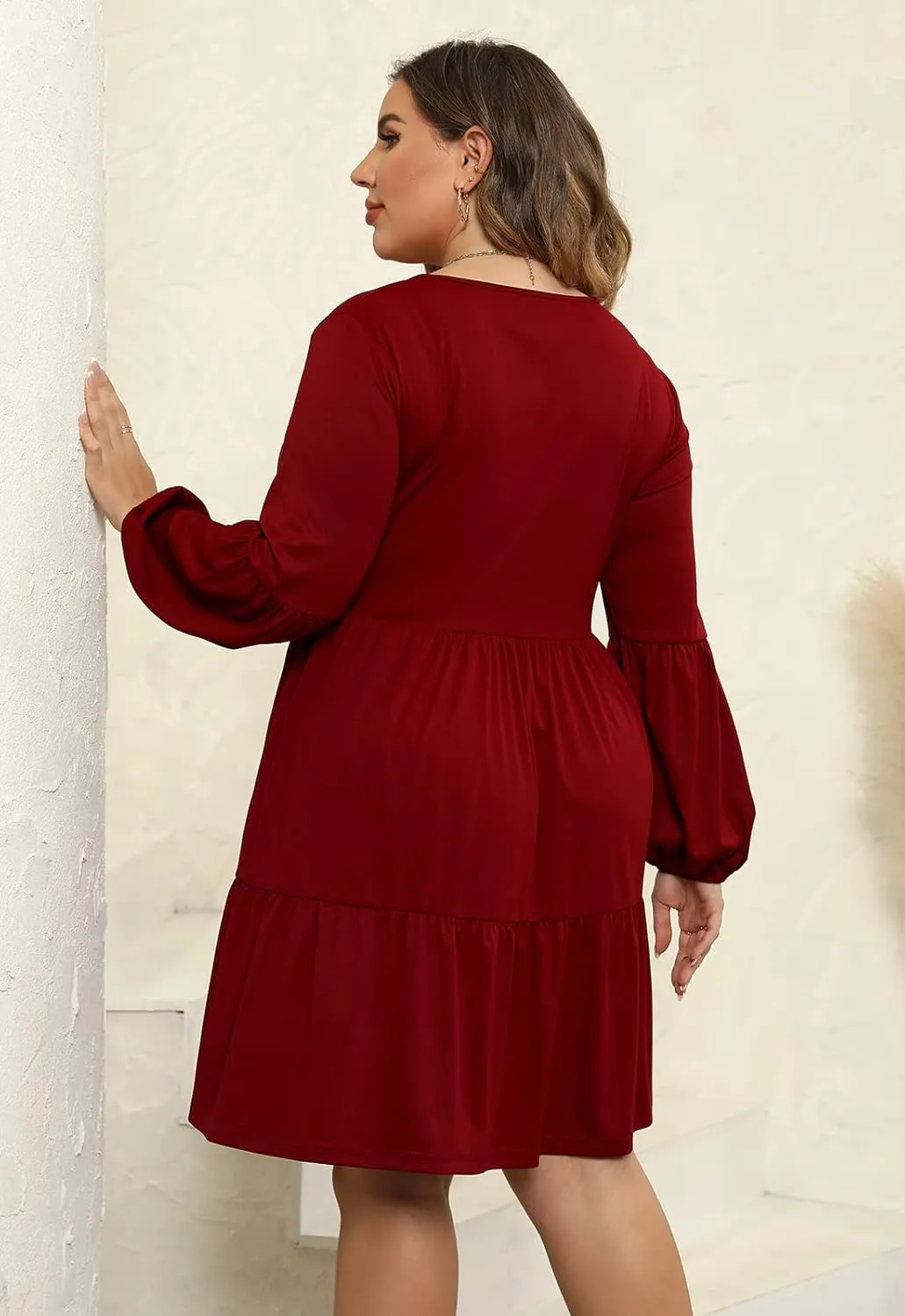 Celkuser Plus Size Casual Tunic Dress for Curvy Women, Long Sleeve V-Neck Babydoll, Knee-Length Tiered Dresses
