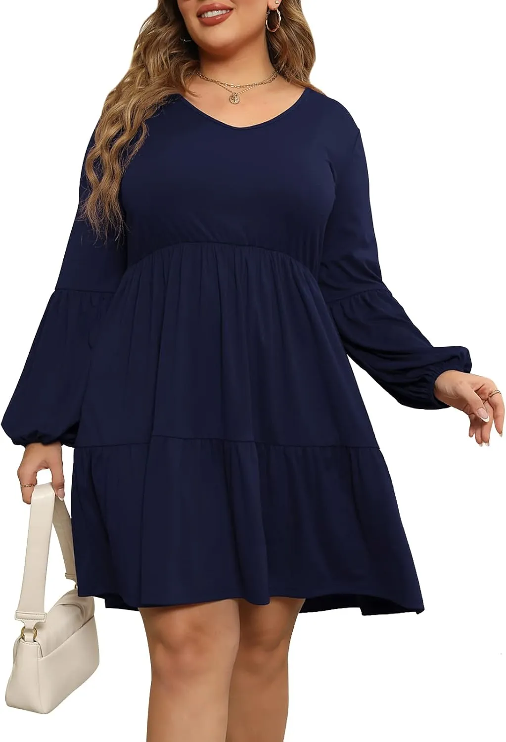 Celkuser Plus Size Casual Tunic Dress for Curvy Women, Long Sleeve V-Neck Babydoll, Knee-Length Tiered Dresses