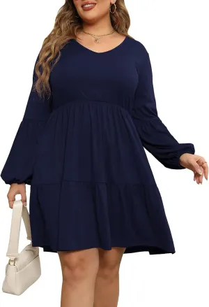 Celkuser Plus Size Casual Tunic Dress for Curvy Women, Long Sleeve V-Neck Babydoll, Knee-Length Tiered Dresses