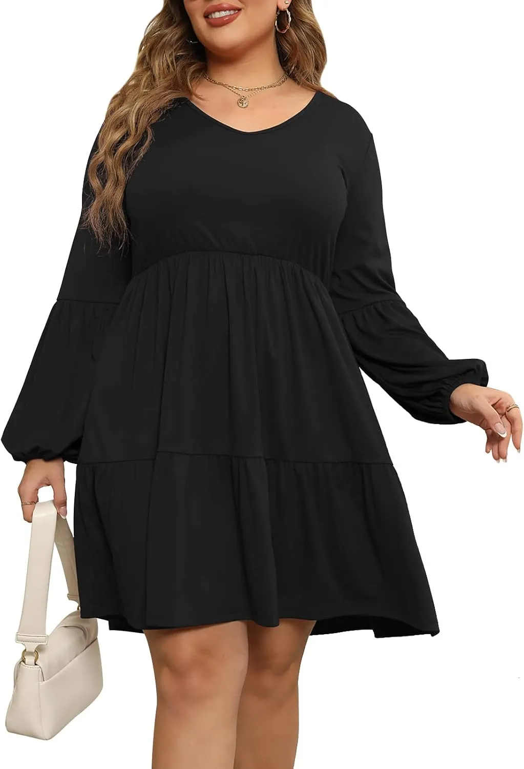 Celkuser Plus Size Casual Tunic Dress for Curvy Women, Long Sleeve V-Neck Babydoll, Knee-Length Tiered Dresses