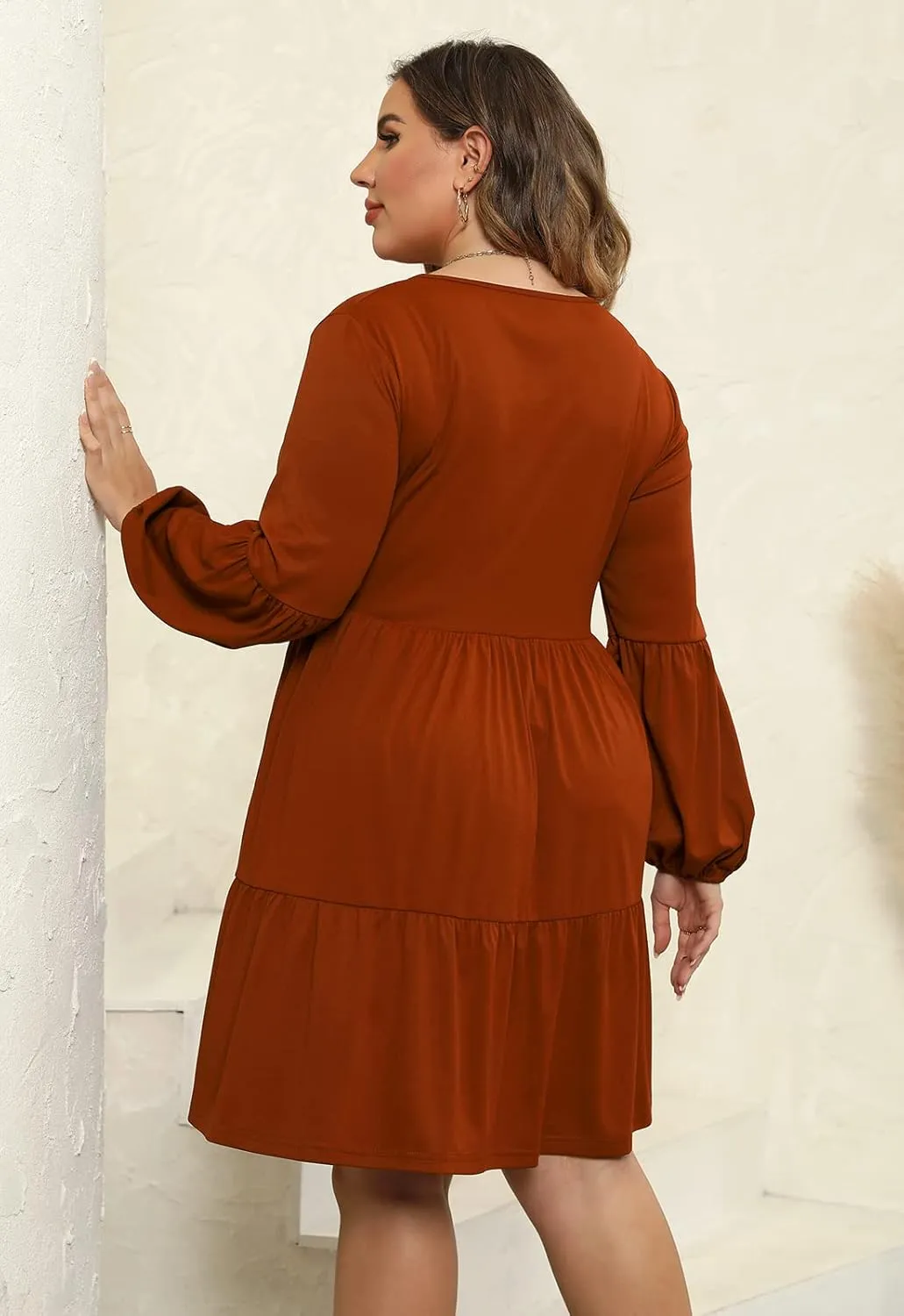 Celkuser Plus Size Casual Tunic Dress for Curvy Women, Long Sleeve V-Neck Babydoll, Knee-Length Tiered Dresses