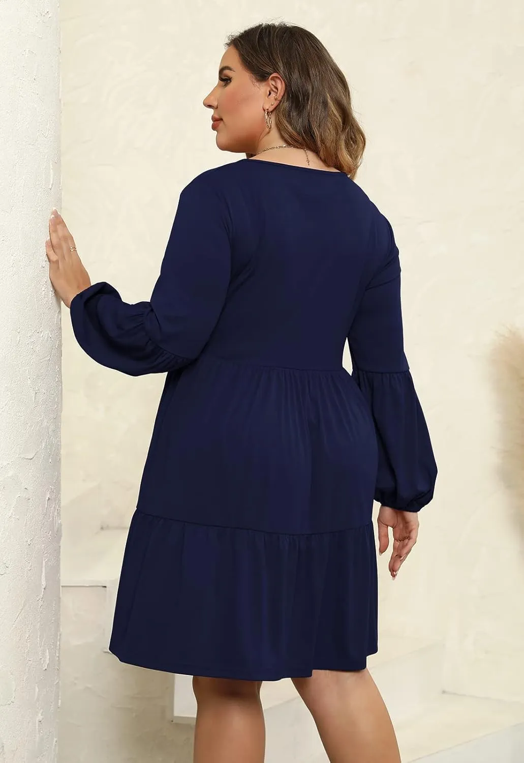 Celkuser Plus Size Casual Tunic Dress for Curvy Women, Long Sleeve V-Neck Babydoll, Knee-Length Tiered Dresses