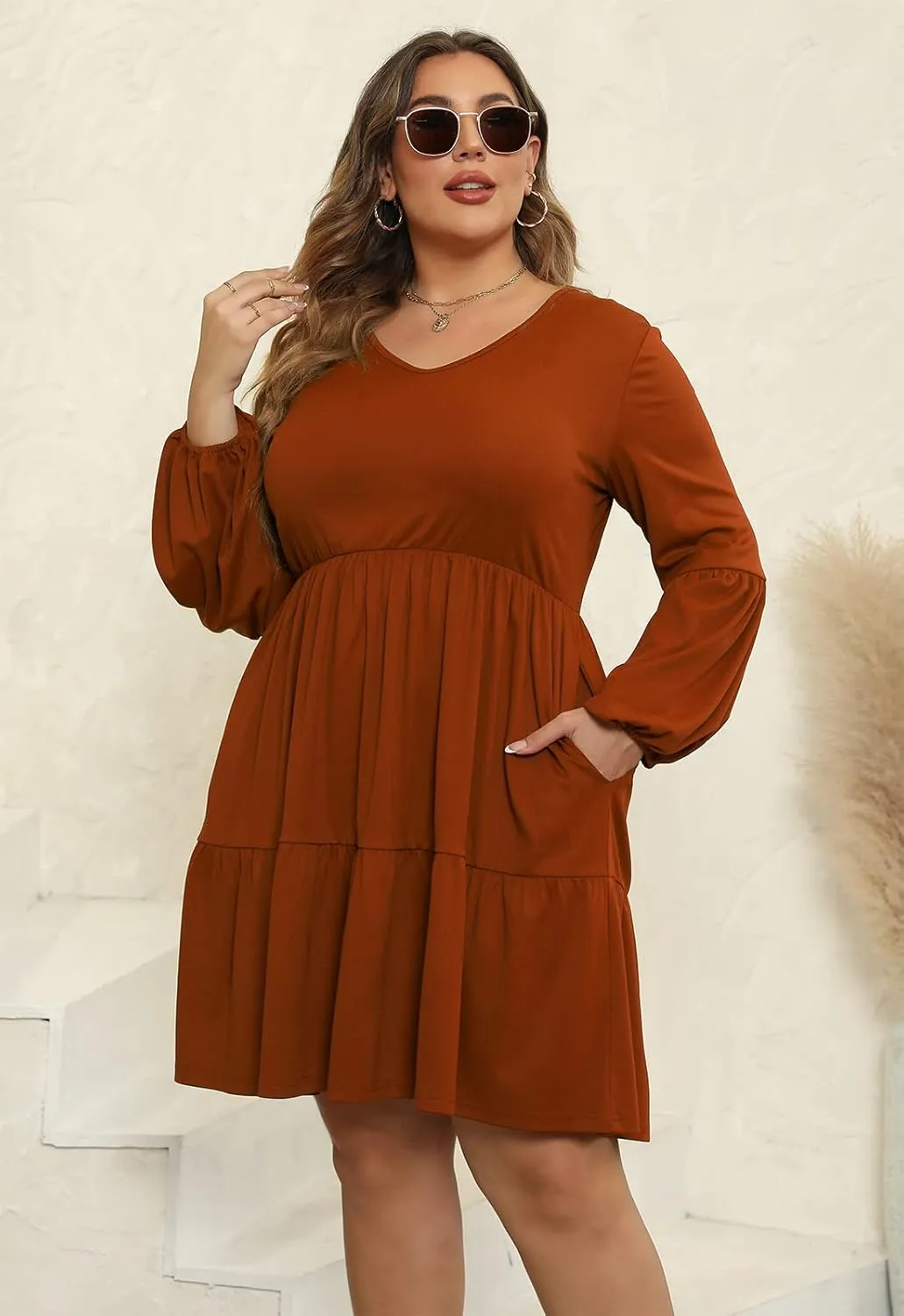 Celkuser Plus Size Casual Tunic Dress for Curvy Women, Long Sleeve V-Neck Babydoll, Knee-Length Tiered Dresses