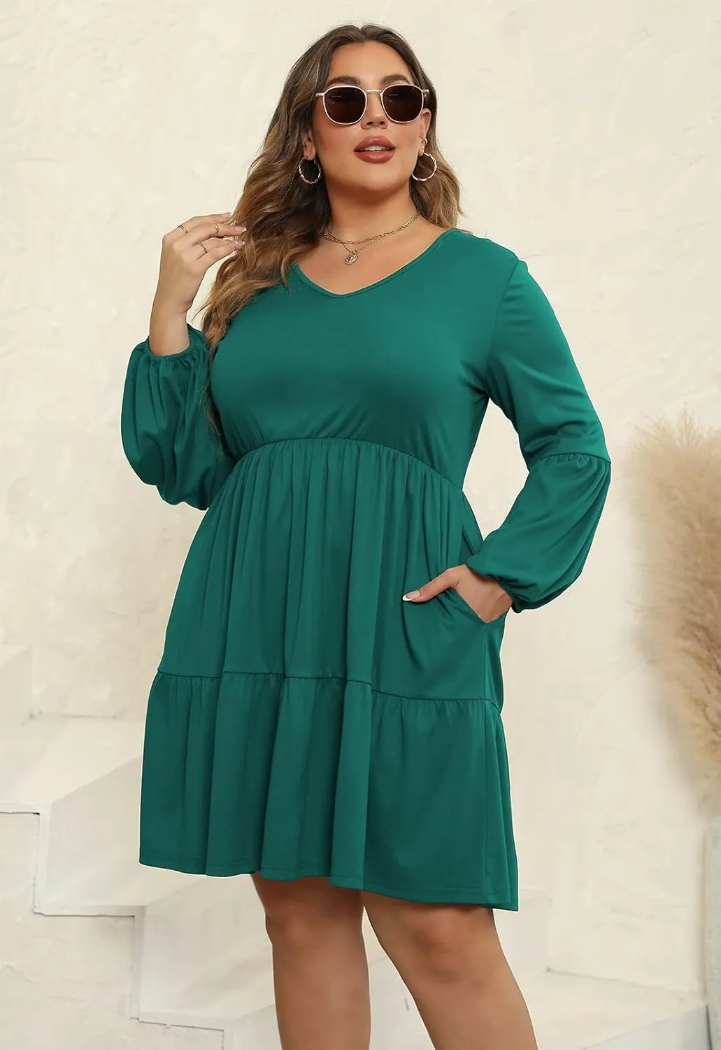 Celkuser Plus Size Casual Tunic Dress for Curvy Women, Long Sleeve V-Neck Babydoll, Knee-Length Tiered Dresses