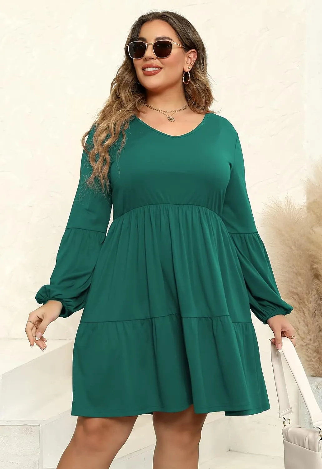 Celkuser Plus Size Casual Tunic Dress for Curvy Women, Long Sleeve V-Neck Babydoll, Knee-Length Tiered Dresses
