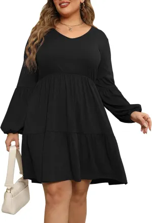 Celkuser Plus Size Casual Tunic Dress for Curvy Women, Long Sleeve V-Neck Babydoll, Knee-Length Tiered Dresses