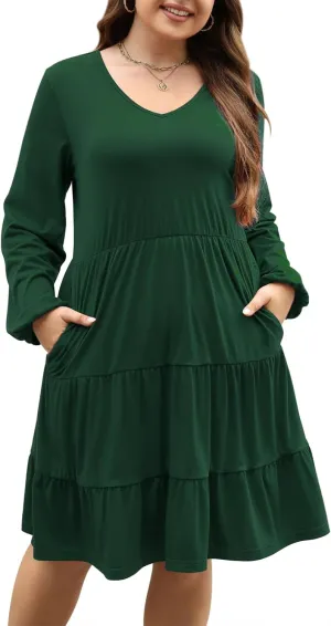 Celkuser Plus Size Casual Tunic Dress for Curvy Women, Long Sleeve V-Neck Babydoll, Knee-Length Tiered Dresses