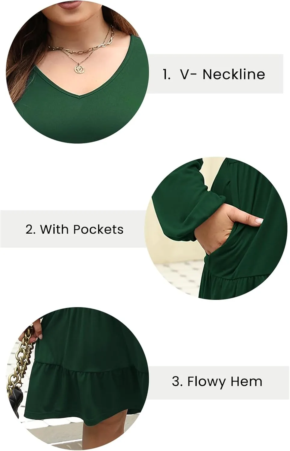 Celkuser Plus Size Casual Tunic Dress for Curvy Women, Long Sleeve V-Neck Babydoll, Knee-Length Tiered Dresses