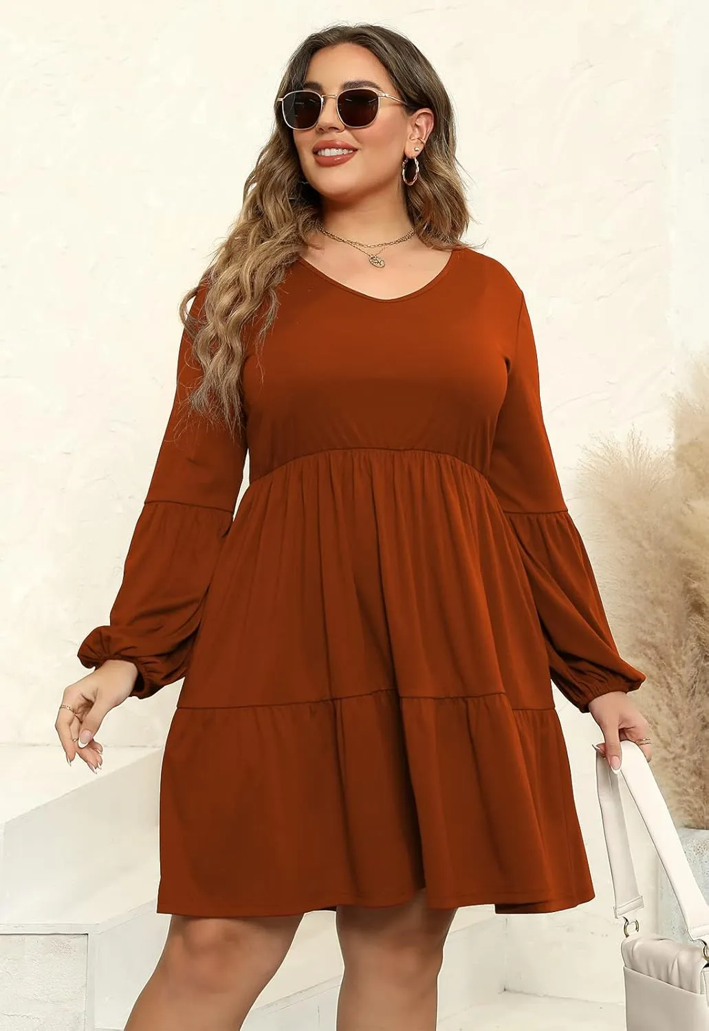 Celkuser Plus Size Casual Tunic Dress for Curvy Women, Long Sleeve V-Neck Babydoll, Knee-Length Tiered Dresses