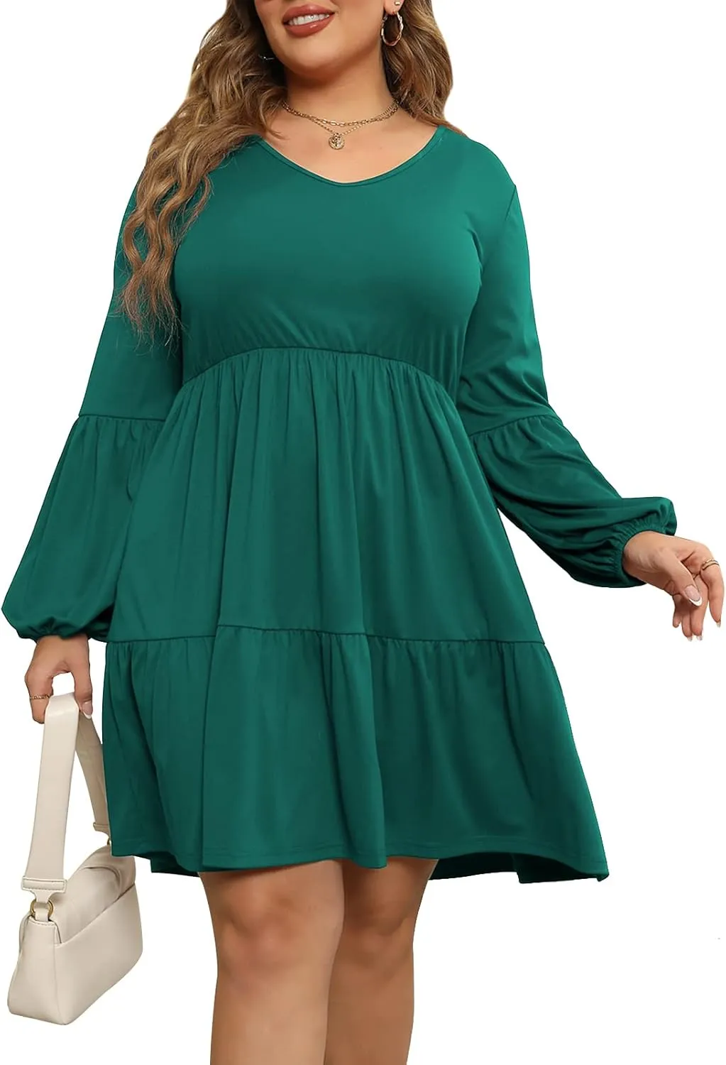 Celkuser Plus Size Casual Tunic Dress for Curvy Women, Long Sleeve V-Neck Babydoll, Knee-Length Tiered Dresses