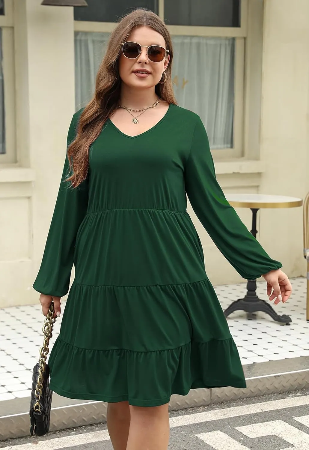 Celkuser Plus Size Casual Tunic Dress for Curvy Women, Long Sleeve V-Neck Babydoll, Knee-Length Tiered Dresses